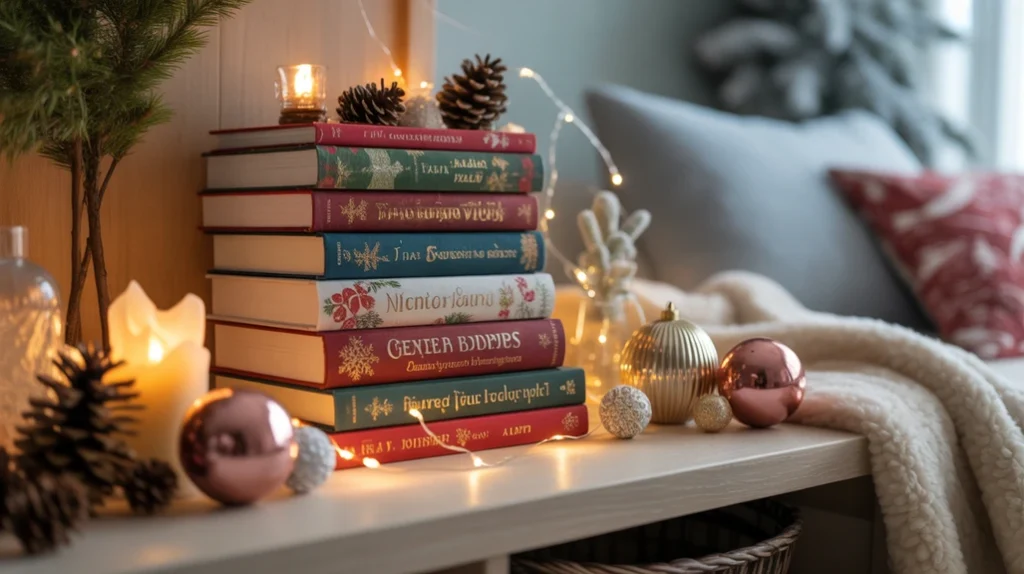 Winter books and pinecone accents arranged as Christmas shelf decor in a cozy bedroom