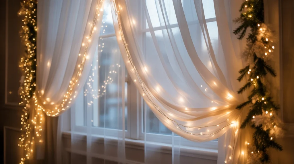 Sheer curtains with fairy lights behind creating soft glowing Christmas window lighting for elegant decor.