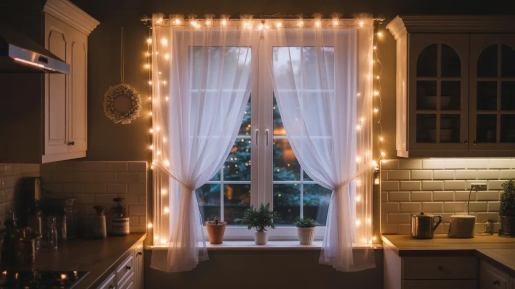 Sheer white curtains layered with warm string lights on a kitchen window, elegant Christmas kitchen window decor idea.