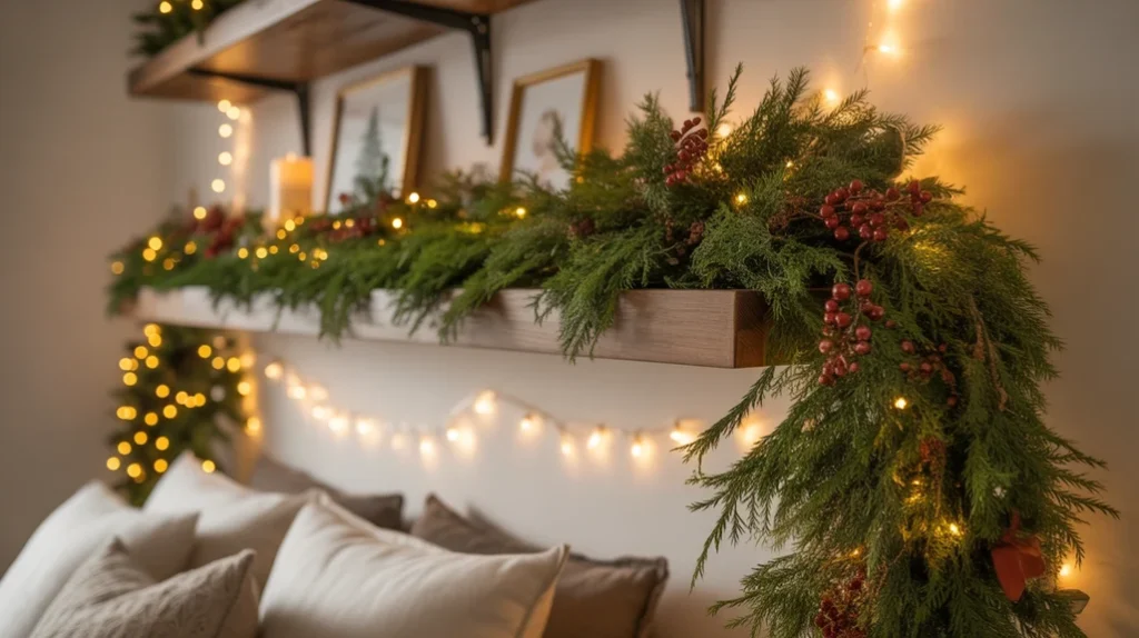 Garland with lights on shelves adding depth to Christmas bedroom greenery decor
