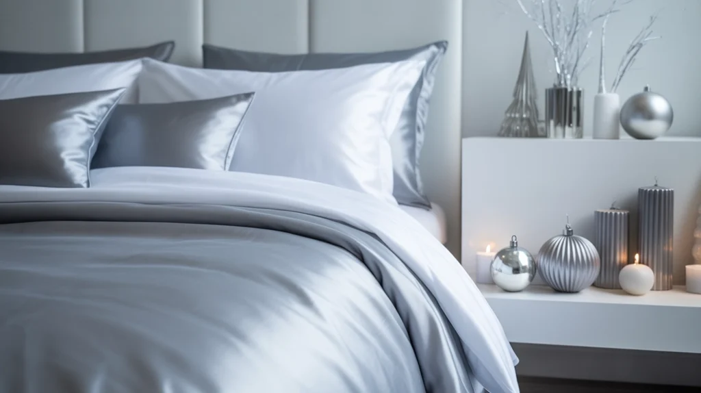 silver and white Christmas bedroom with satin bedding and minimalist metallic ornaments for clean modern style