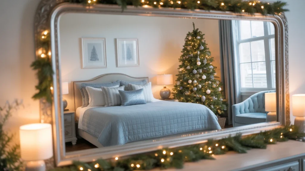 Silver-framed mirror reflecting Christmas tree lights and blue accents in a cozy blue and silver bedroom.
