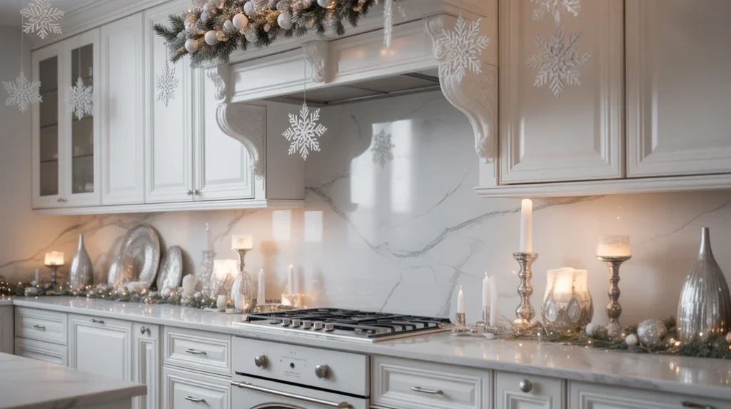 silver and white christmas kitchen with metallic accents for a frosty elegant holiday theme