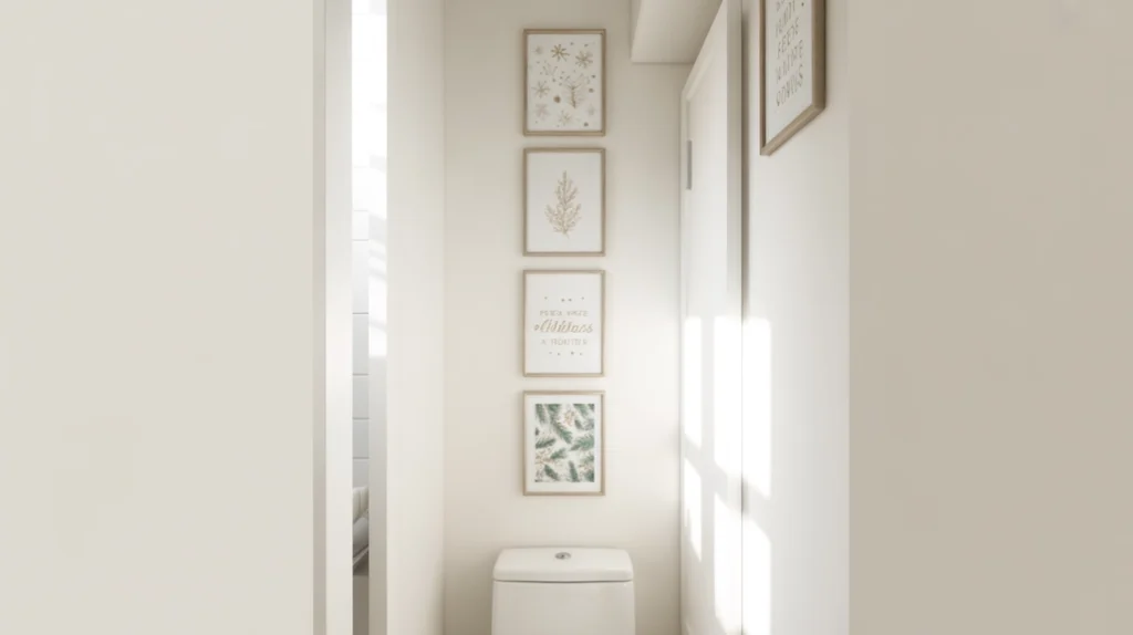 Slim Christmas wall art bringing seasonal charm to a small bathroom wall.