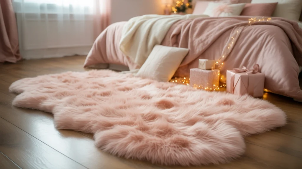 Soft pink faux-fur rug adding warmth and texture to a festive holiday bedroom