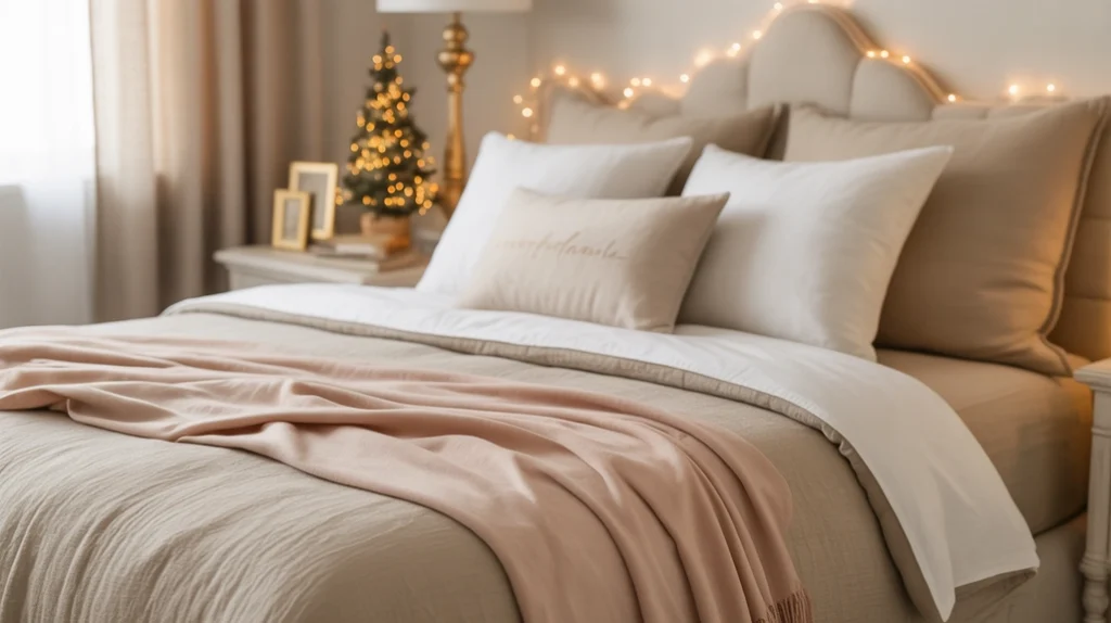 Soothing neutral color palette with beige and gold tones for an elegant Christmas bedroom retreat