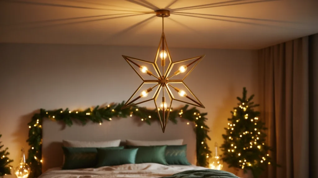 Star-shaped pendant lamp adding magical touch to modern Christmas bedroom lighting