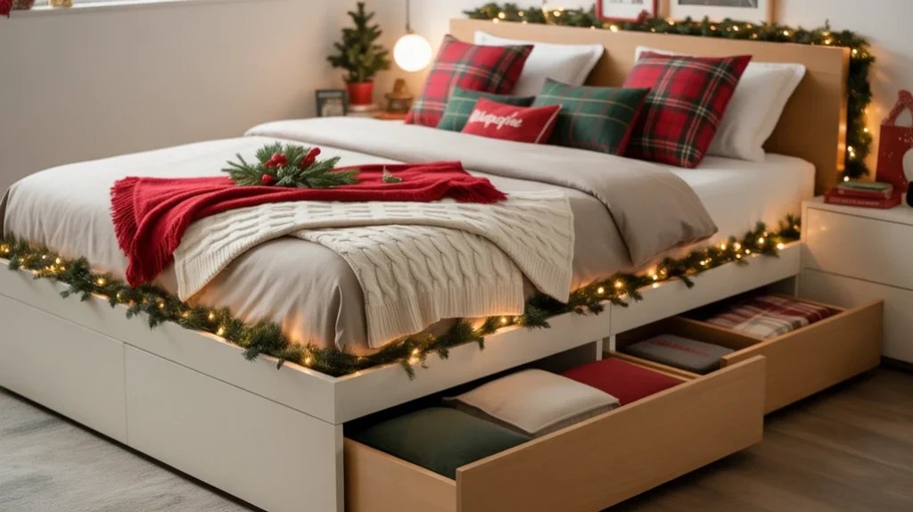 Multi-purpose furniture with hidden storage for Christmas bedroom decor in small spaces