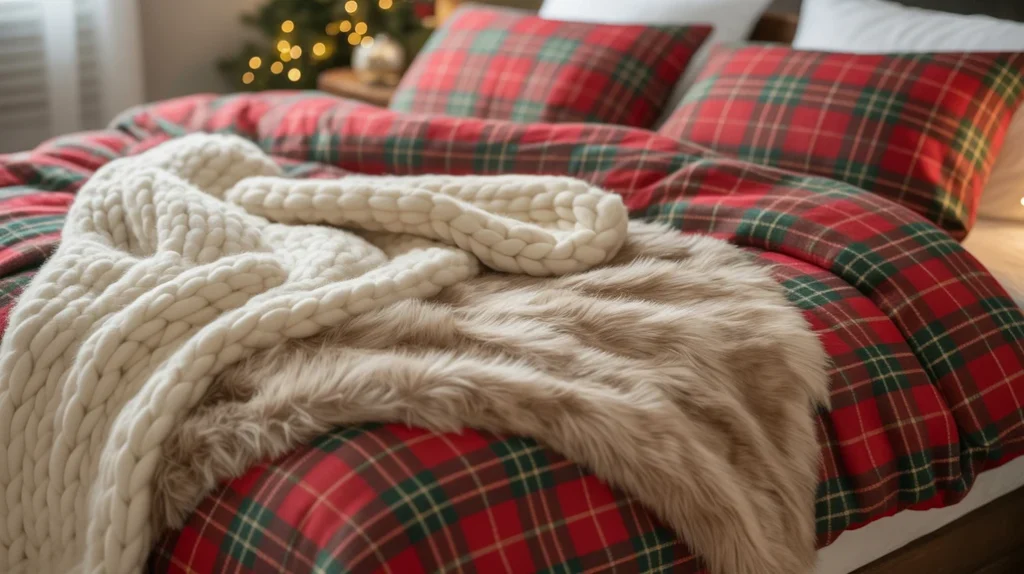 Chunky knit and faux fur throws layered over plaid bedding for a cozy Christmas look