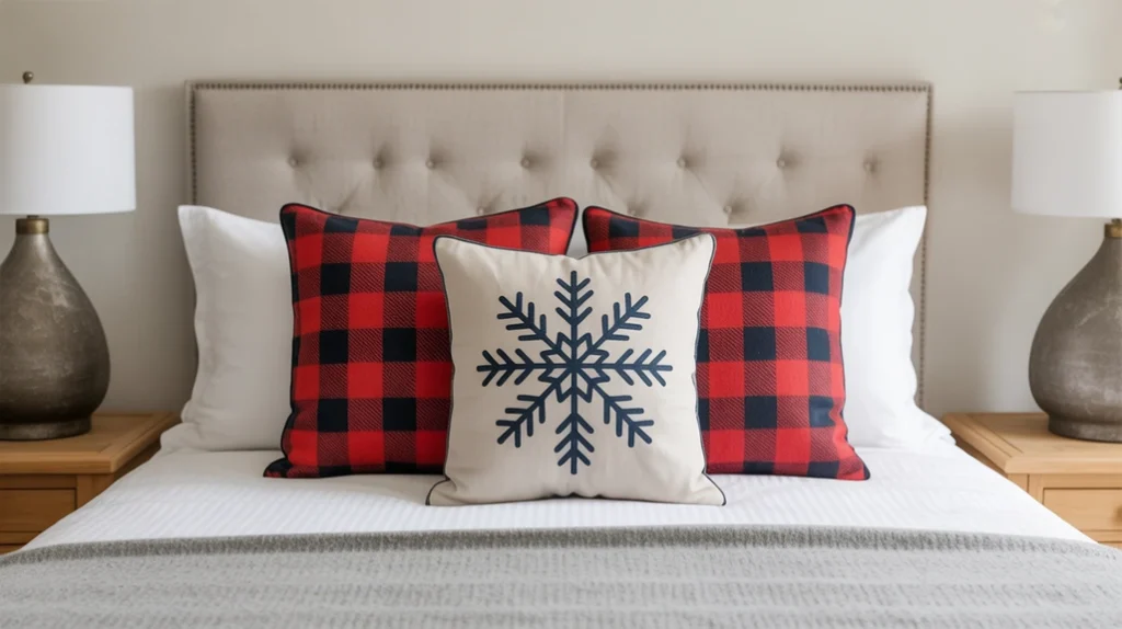Christmas throw pillows and cushions in dark tones adding subtle holiday accents to a boys room