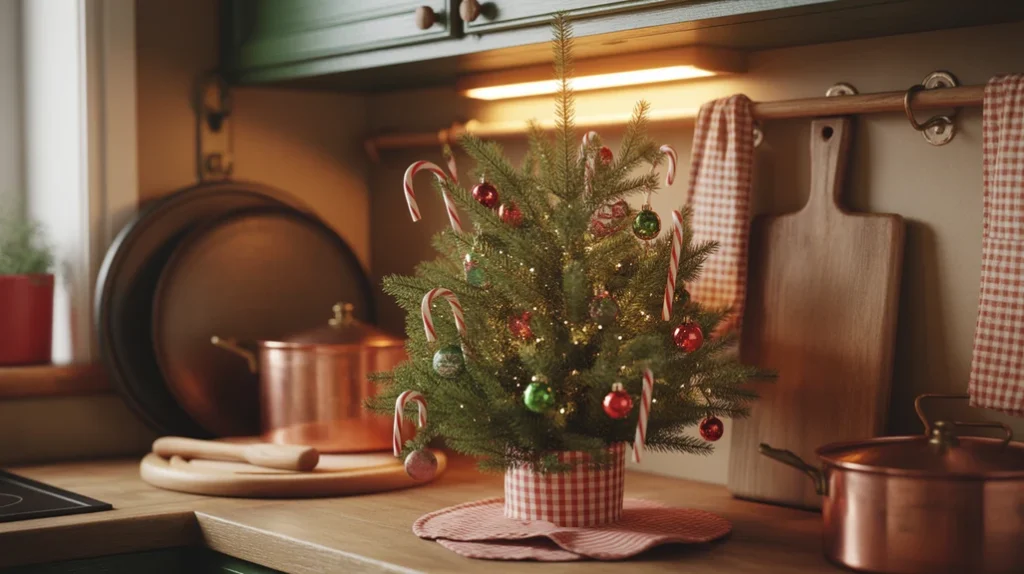 small kitchen christmas tree decorated with red and green ornaments and candy canes for classic holiday style