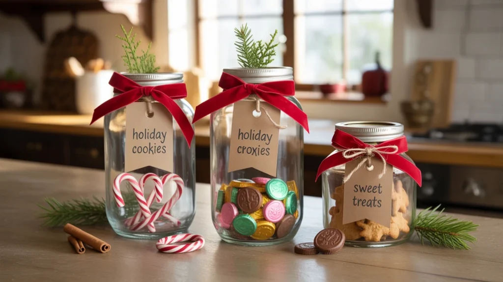 Upcycled jars decorated with ribbon and labels for budget-friendly Christmas kitchen storage