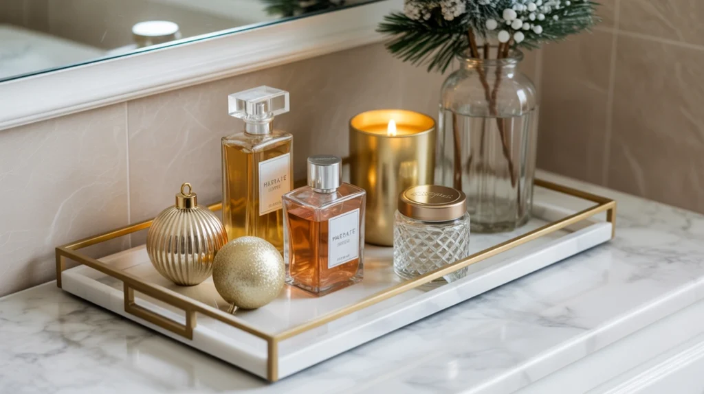 mirrored vanity tray with candles and ornaments for glam christmas bathroom styling