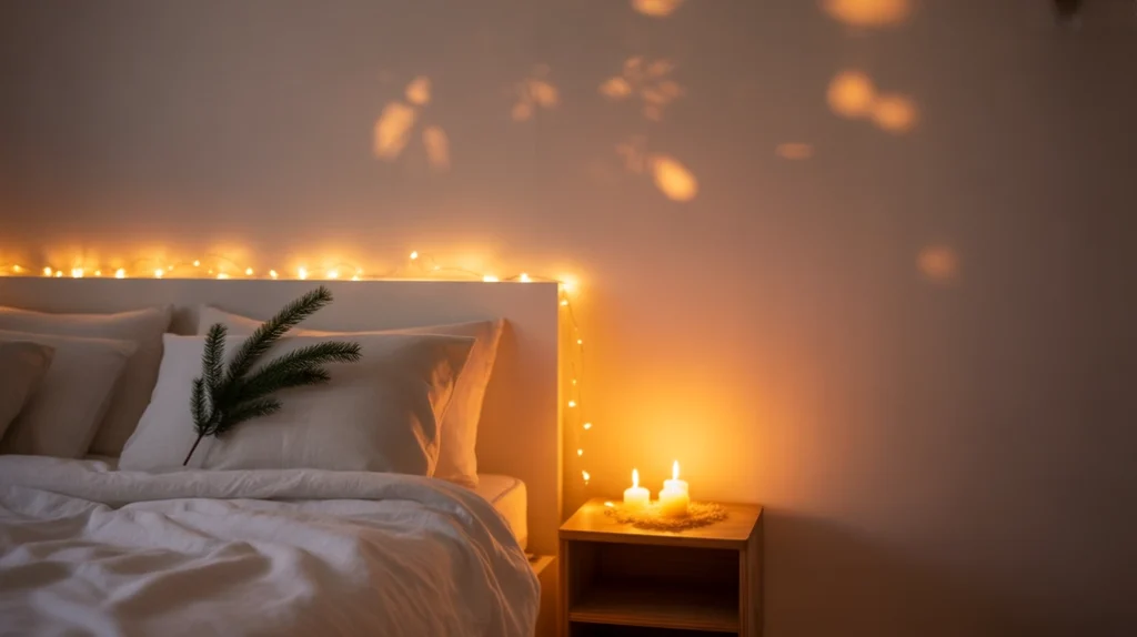 Soft fairy lights and candles adding warm, relaxing glow to minimalist Christmas bedroom