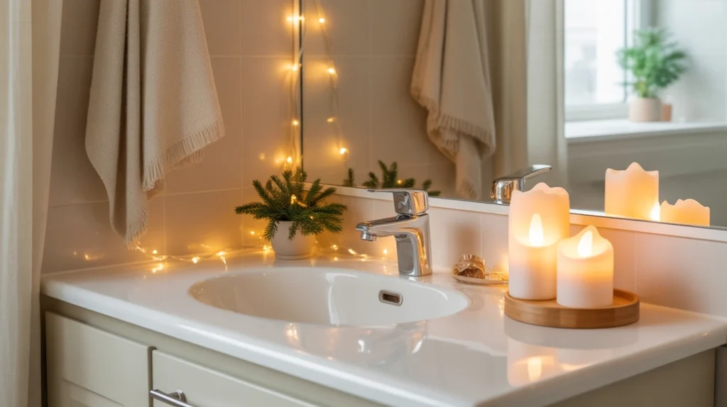 clear glass jar filled with pinecones and dried citrus in a modern minimalist bathroom