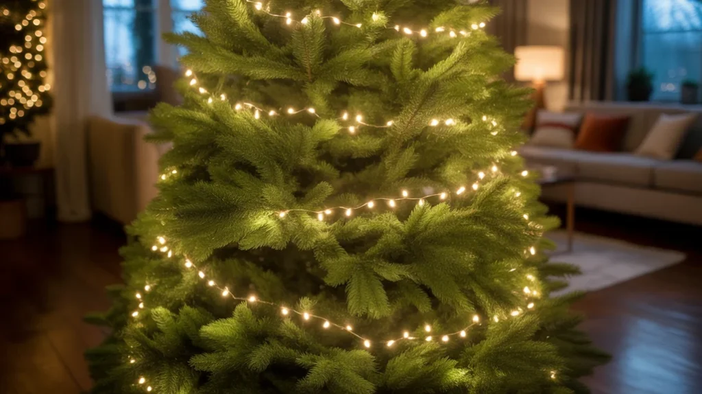Christmas tree with warm white lights for cozy bedroom glow