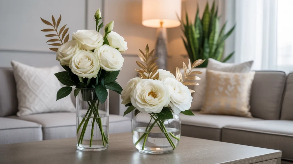 White and gold floral arrangements with roses and eucalyptus for refined winter living room décor