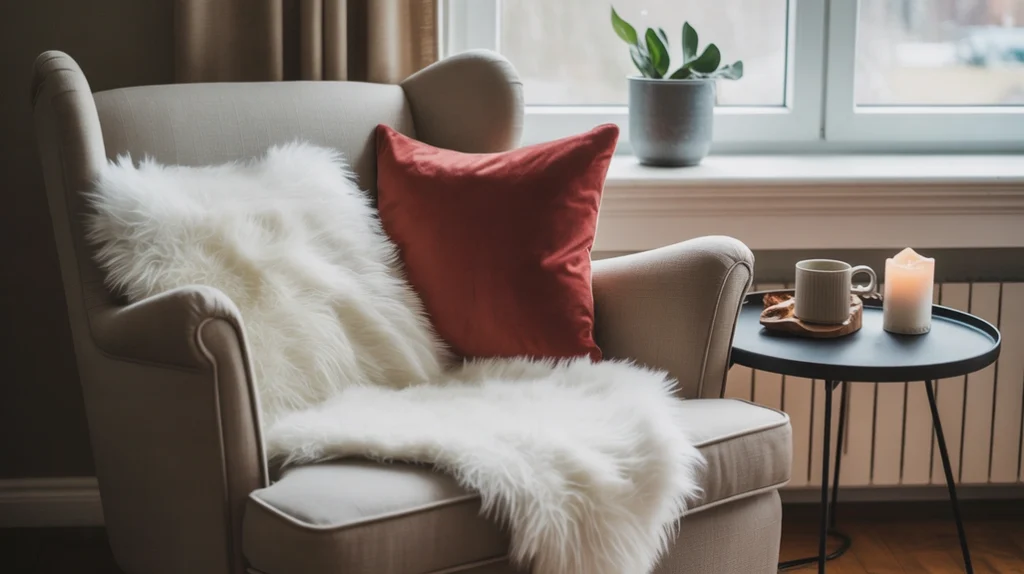 Armchair with white faux-fur throw, red cushion, and candle accent creating a cozy winter atmosphere.