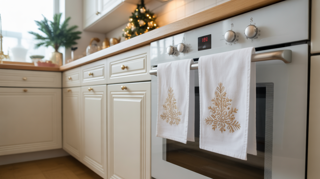 White kitchen towels with gold embroidery adding subtle holiday elegance to a modern Christmas kitchen.