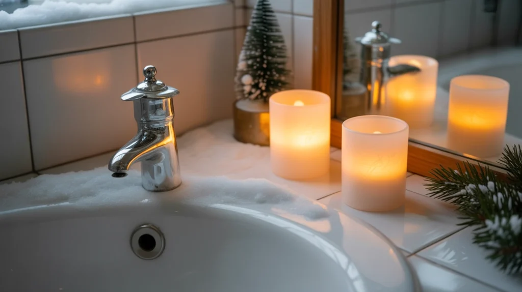minimal white soap dispenser styled with frosted greenery for a winter theme