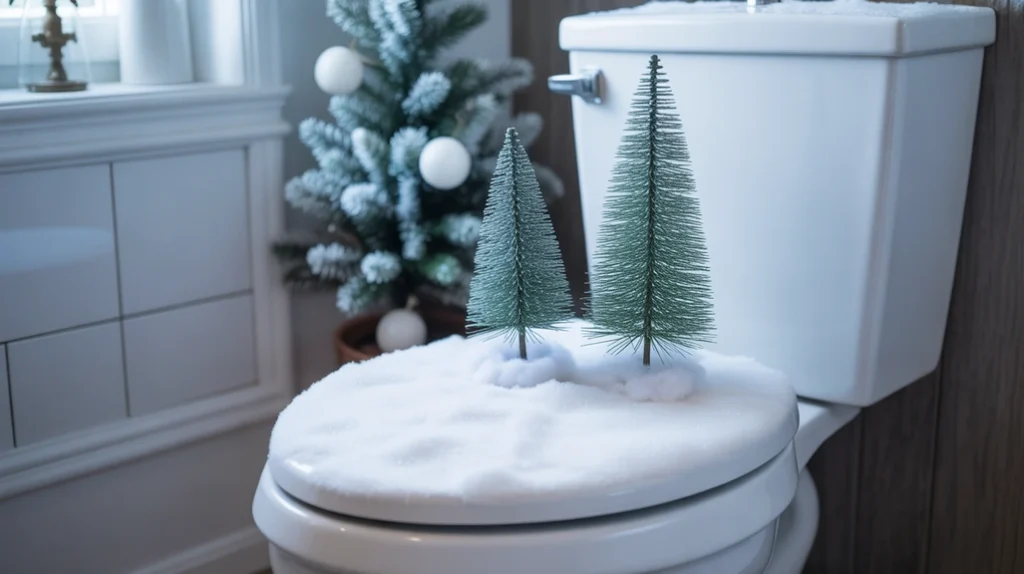 mini bottlebrush trees and faux snow winter wonderland decor on toilet tank