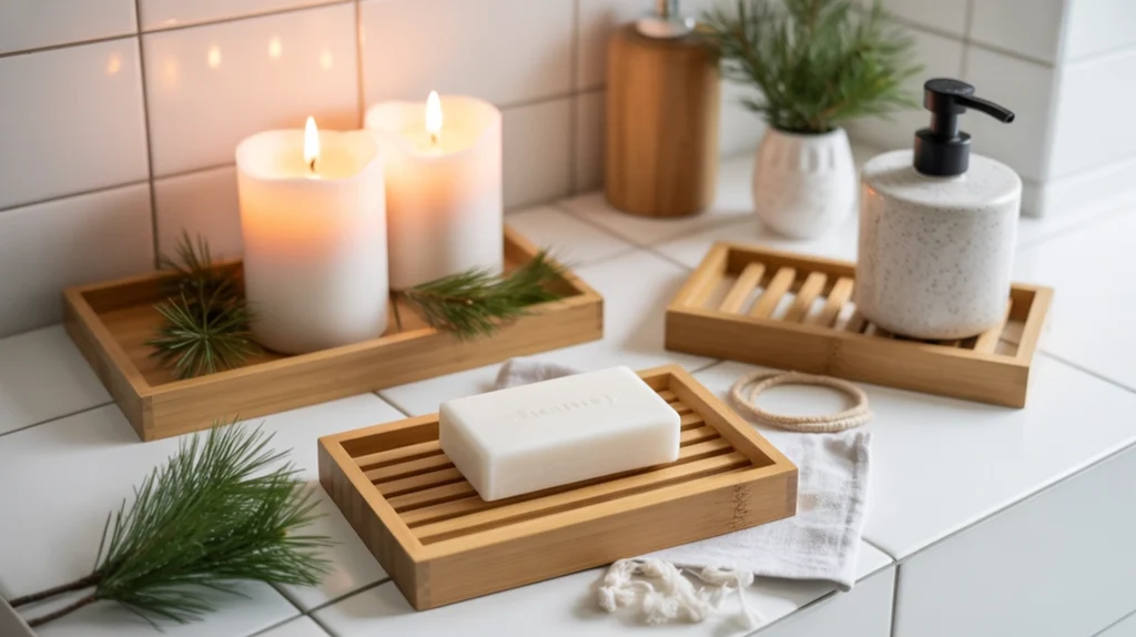 Wooden bathroom accessories adding natural Scandinavian warmth to a Hygge Christmas space.