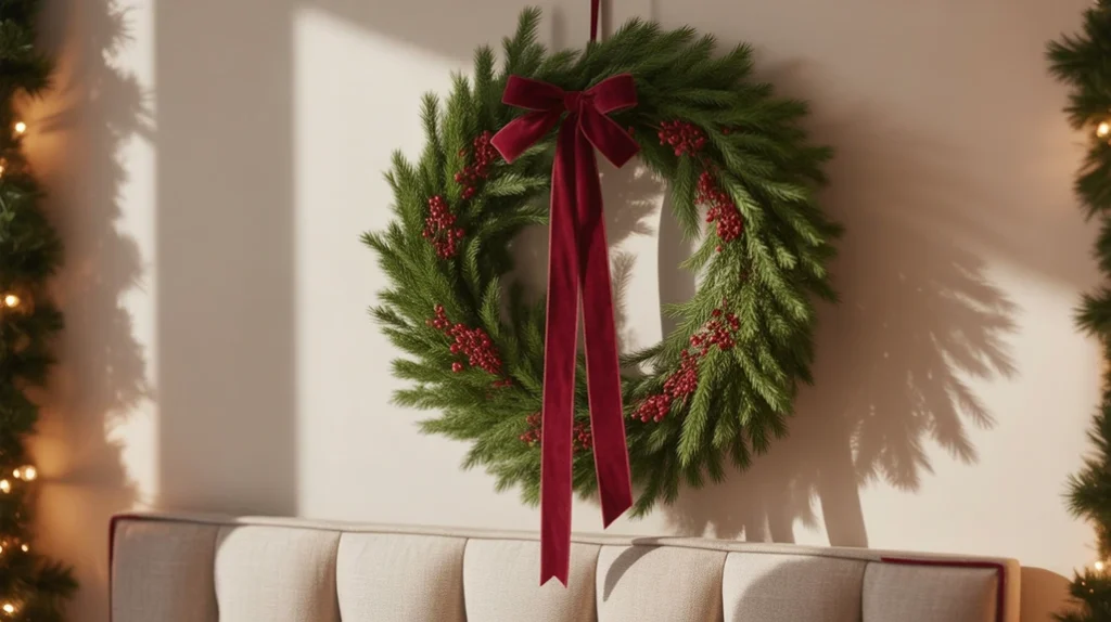 christmas wreath hanging above bed as elegant holiday wall decor in cozy bedroom setting