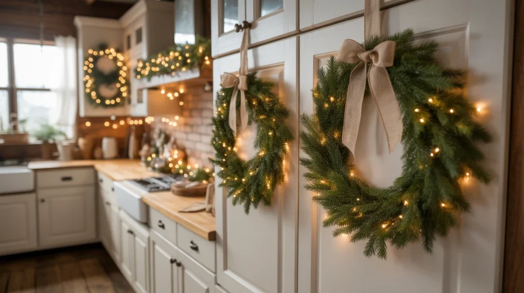 pine wreaths hanging on white farmhouse cabinets with plaid ribbon and twinkle lights