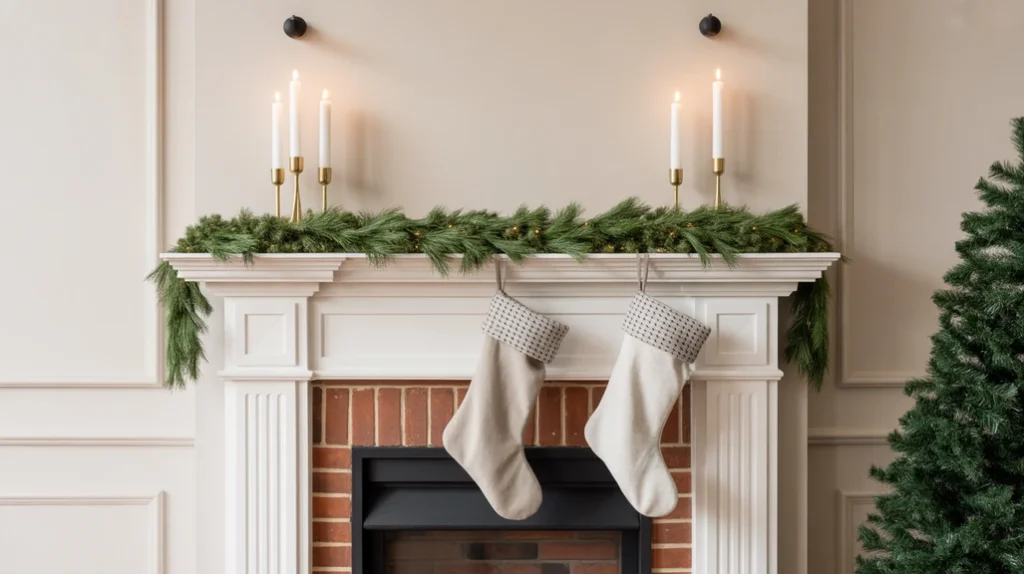 neutral Christmas interior with olive branches and small fairy lights