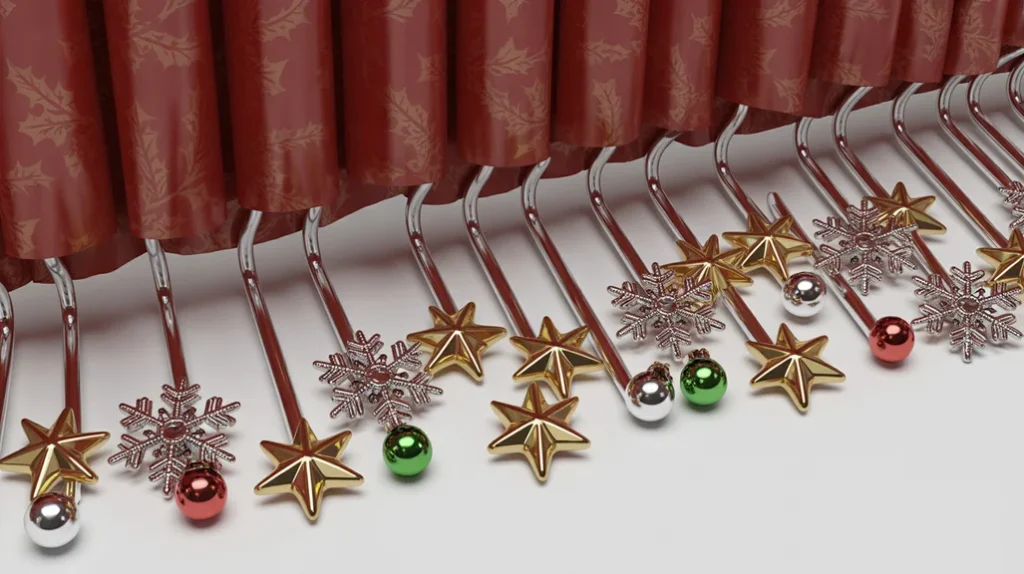 Christmas shower curtain hooks with snowflake and holiday-themed designs for festive detail.