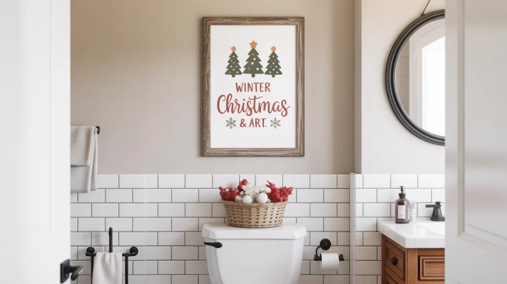 Seasonal Christmas wall art and winter prints displayed in a budget-friendly bathroom setup.