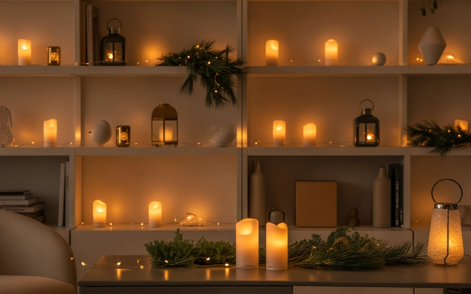warm modern christmas lighting with candles and fairy lights