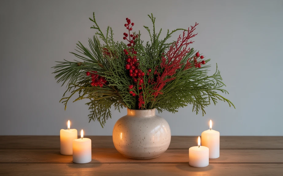 Berry and Evergreen Red-and-White Centerpiece