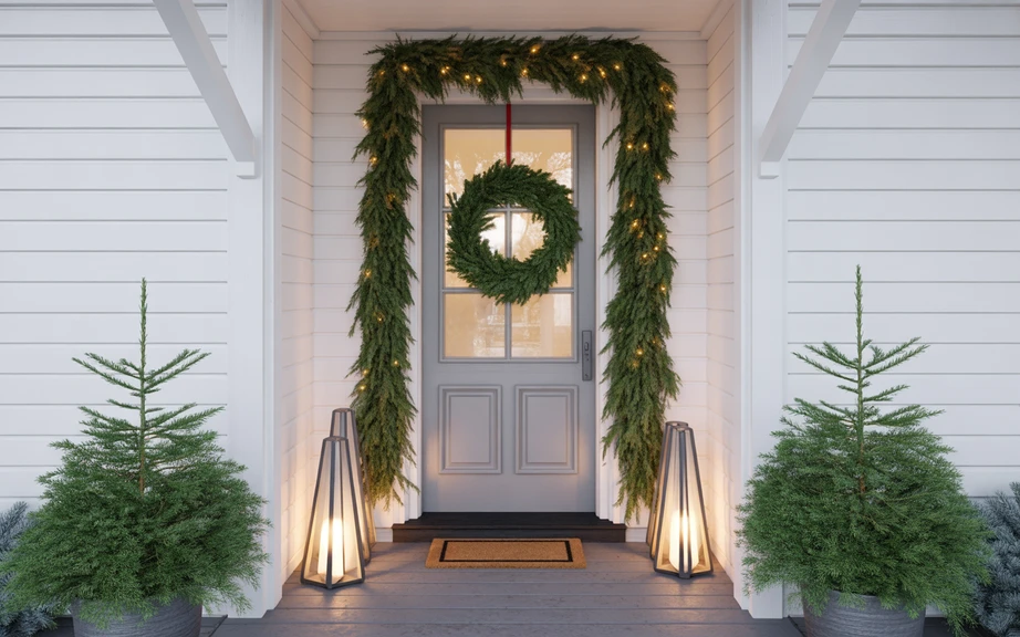 Cedar Garland and Wreath Combo with Minimal Lanterns
