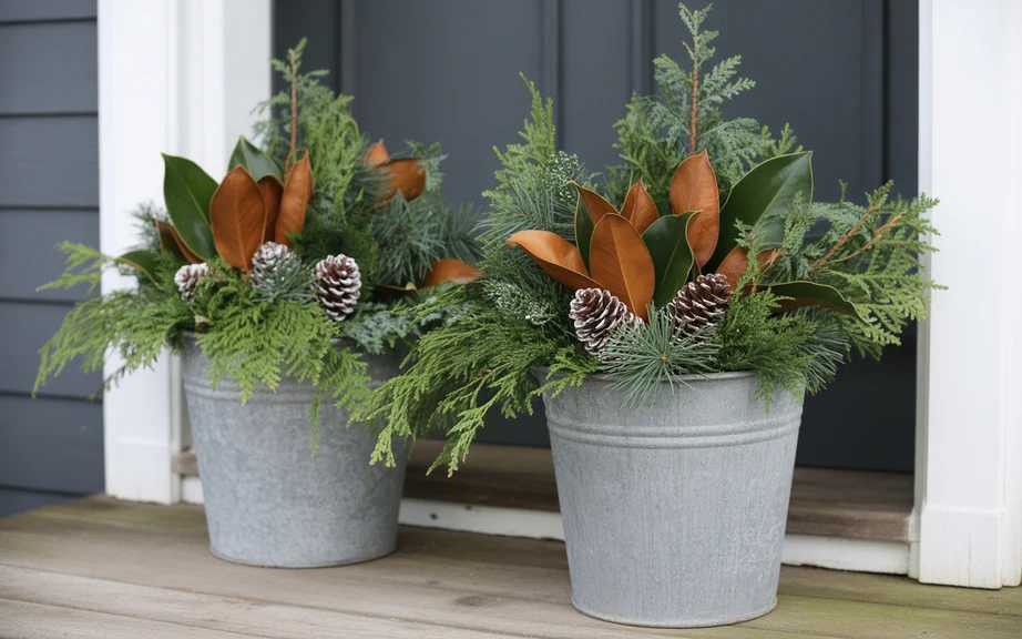 Winter Planters Filled with Evergreens