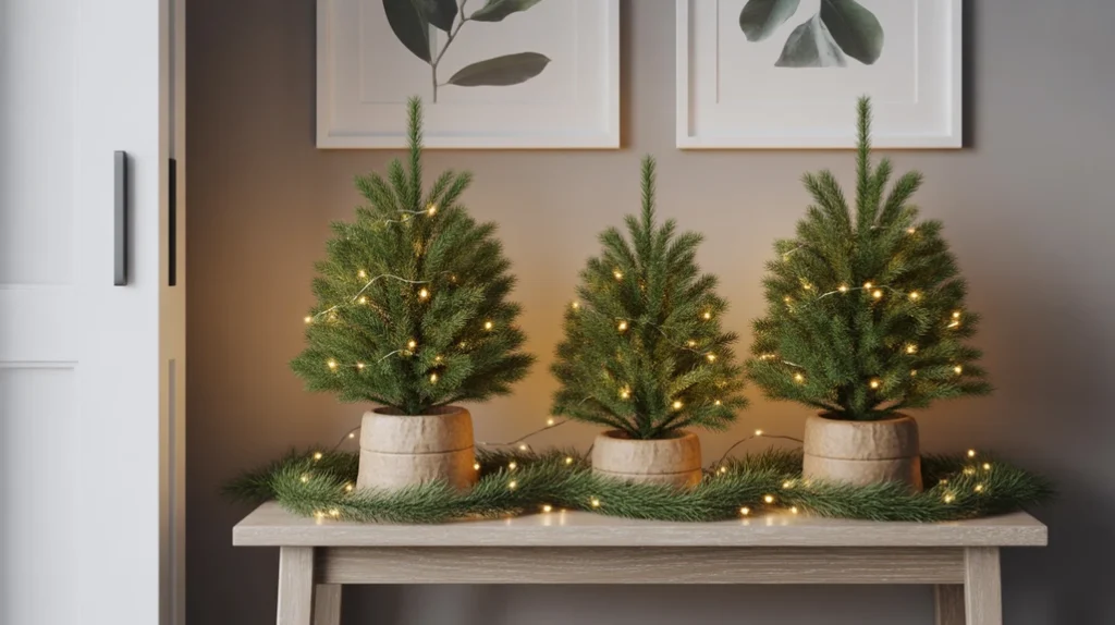 Mini Christmas trees placed on a hallway bench for simple festive styling