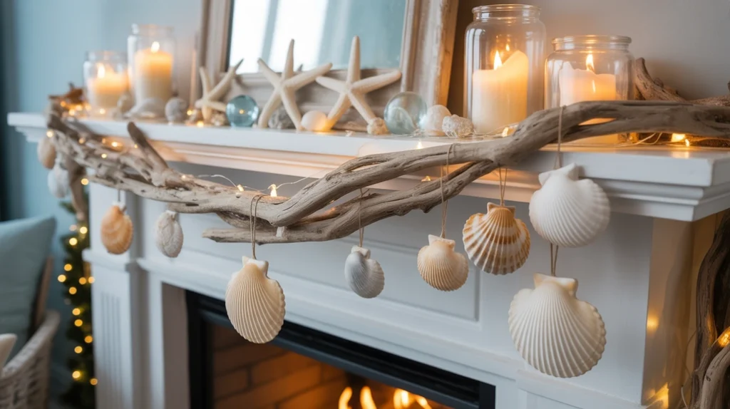 Coastal Christmas fireplace mantel decorated with seashell ornaments, driftwood garlands, and soft blue tones