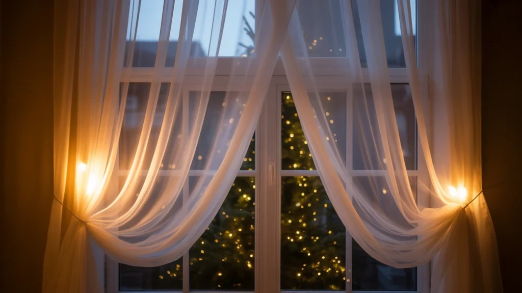 Curtain lights behind sheer drapes creating Christmas night glow in living room