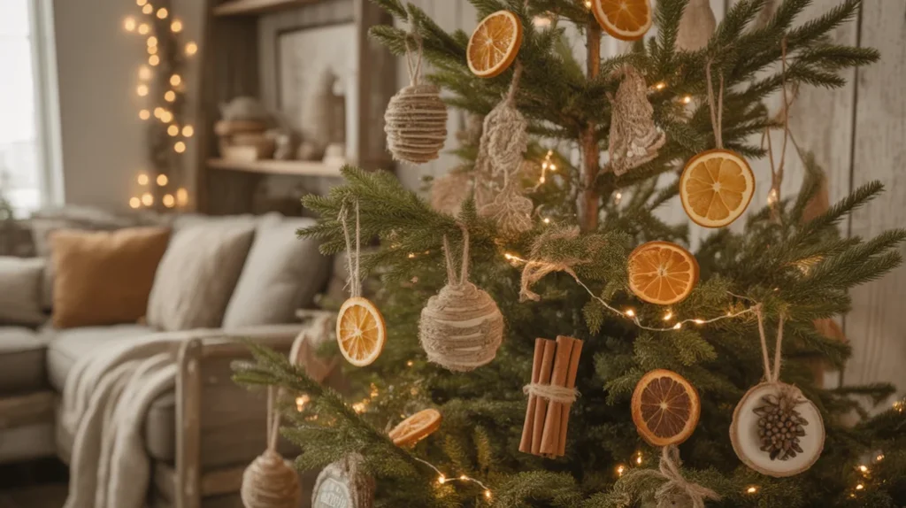 Farmhouse Christmas tree with dried orange slices and cinnamon stick decorations