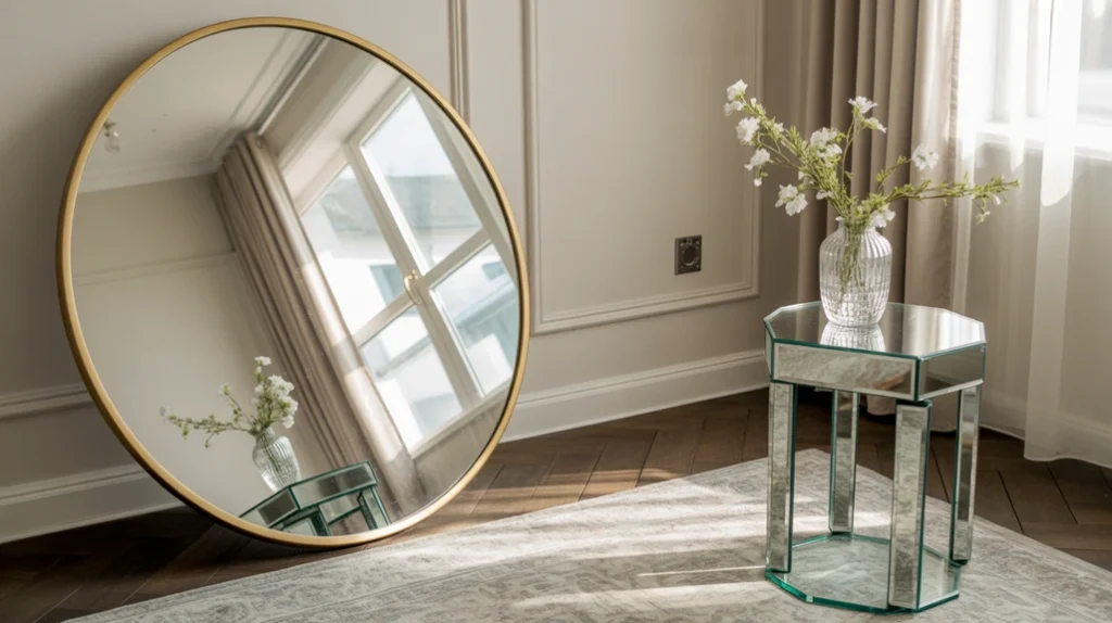 “Reflective mirrors and glass accents enhance a bright glam interior.”