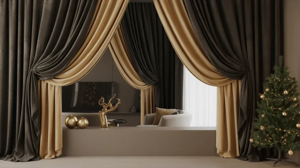 Black velvet and gold silk curtains enhancing modern Christmas living room decor.