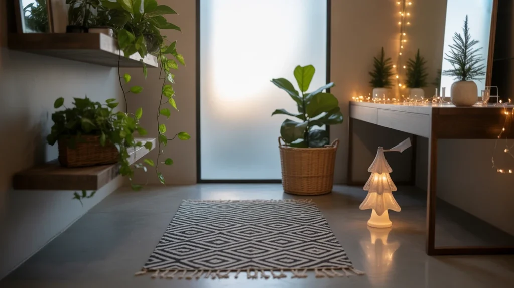 black and white geometric bathroom rug adding cozy winter style to a monochrome holiday bathroom