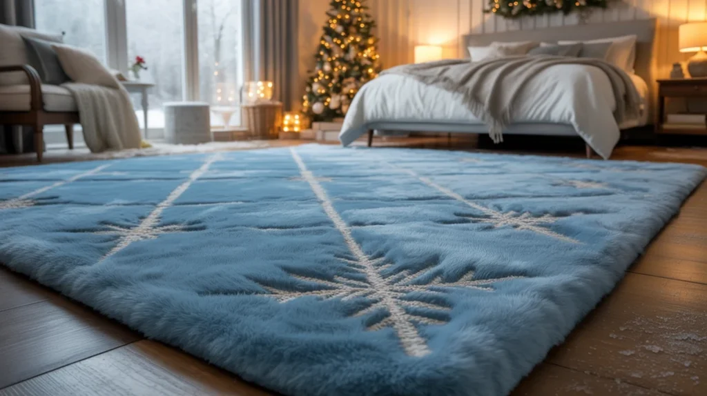 Blue area rug with silver geometric patterns, adding a cozy winter touch to a Christmas bedroom.