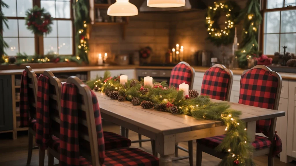 Dining nook featuring buffalo plaid seat covers for a cozy farmhouse holiday style
