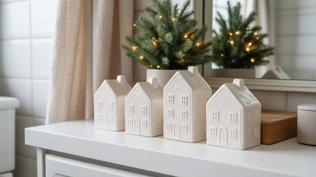 white ceramic village houses used as cozy nordic christmas bathroom decor