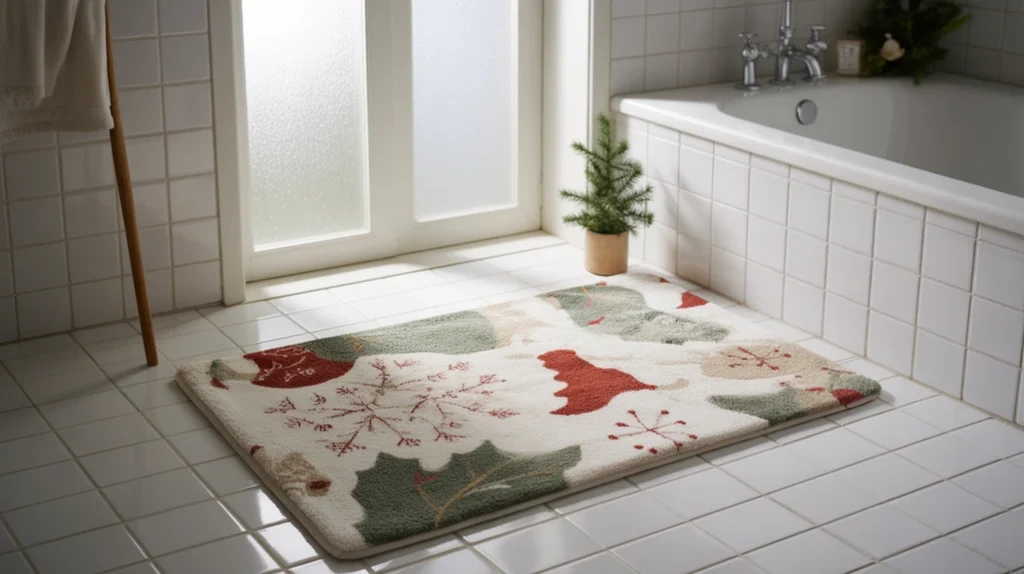 Festive Christmas bath mat adding warmth and color to a small bathroom floor.