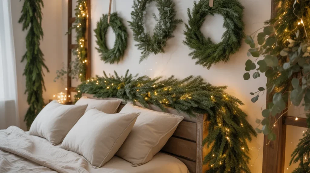 Holiday greenery in the bedroom with pine garlands, wreaths, eucalyptus, and soft lighting
