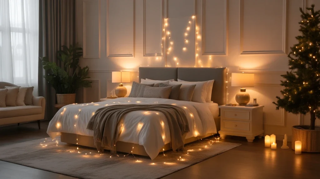 ayered Christmas bedroom lighting ideas for large master bedrooms with fairy lights and candles
