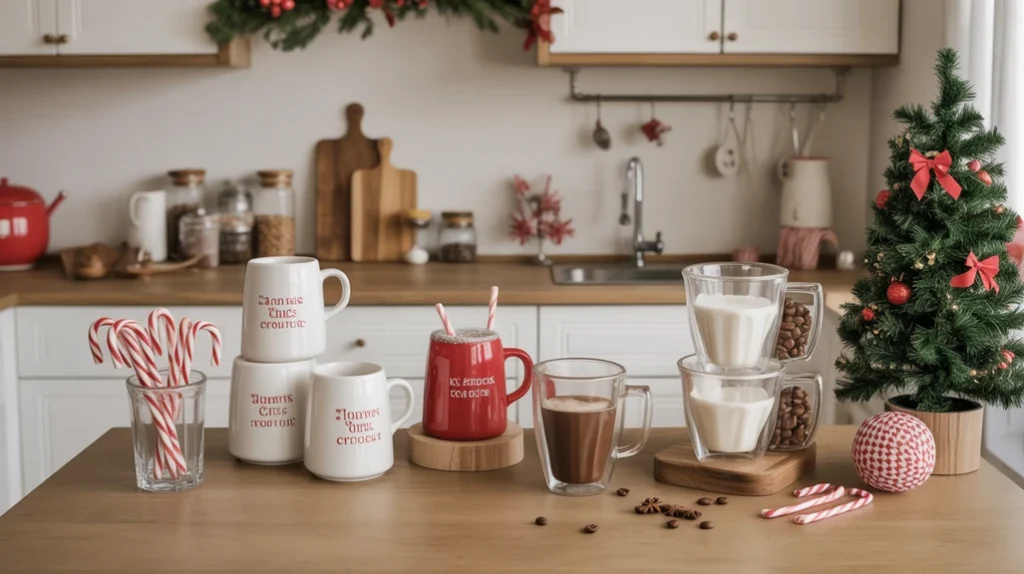 Hot cocoa and coffee bar setup in kitchen for Christmas mornings