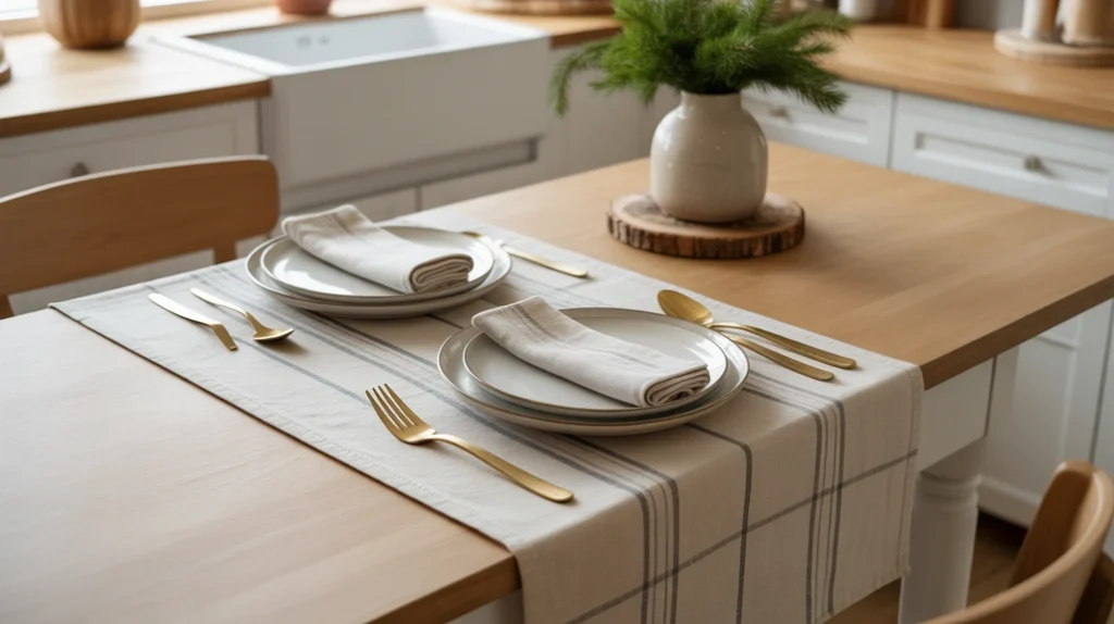 Cozy minimalist kitchen with neutral Christmas linens, striped towels, and soft holiday textiles